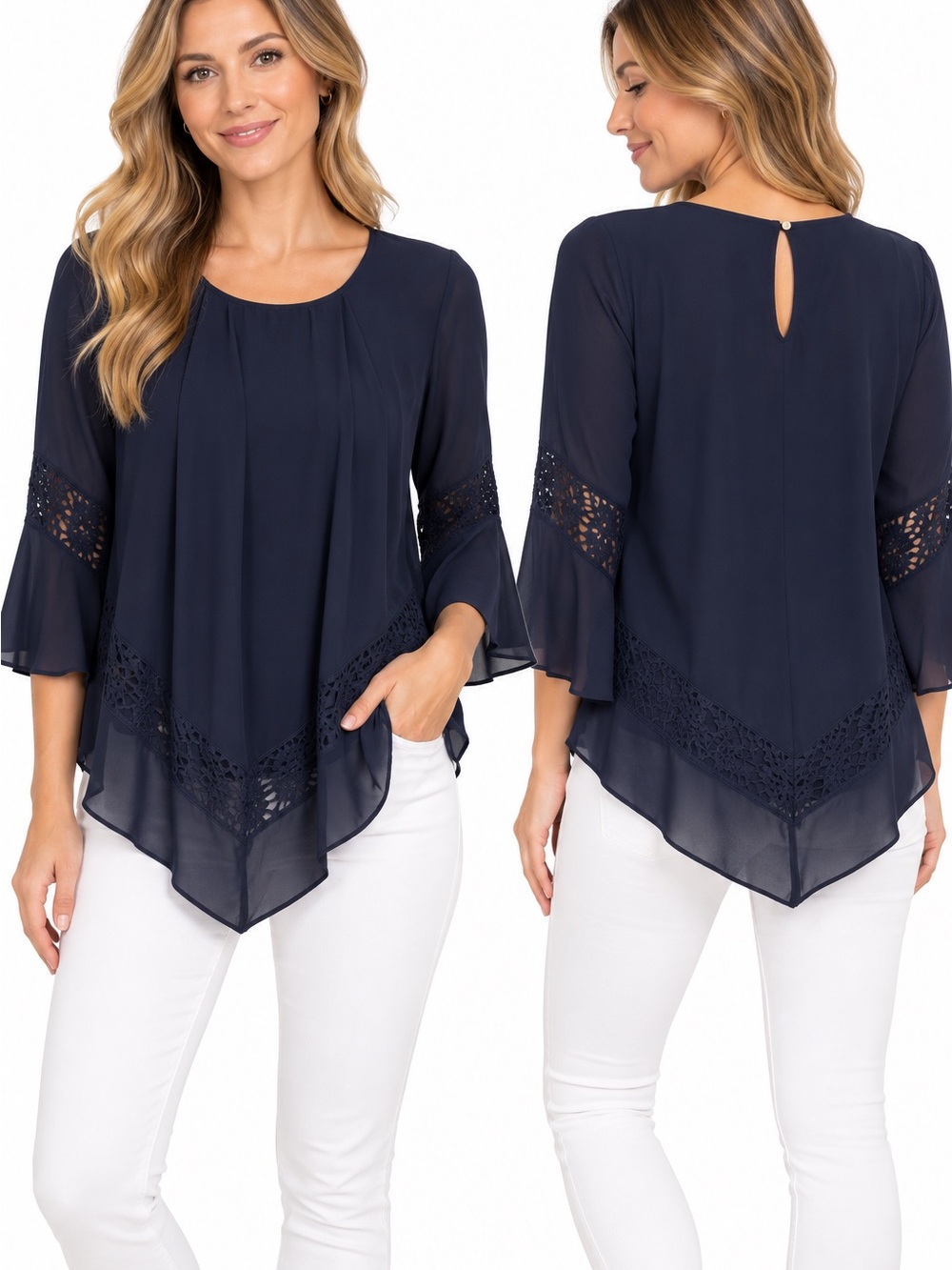 Navy Lace-Inset Chiffon Handkerchief Hem Top - 1059